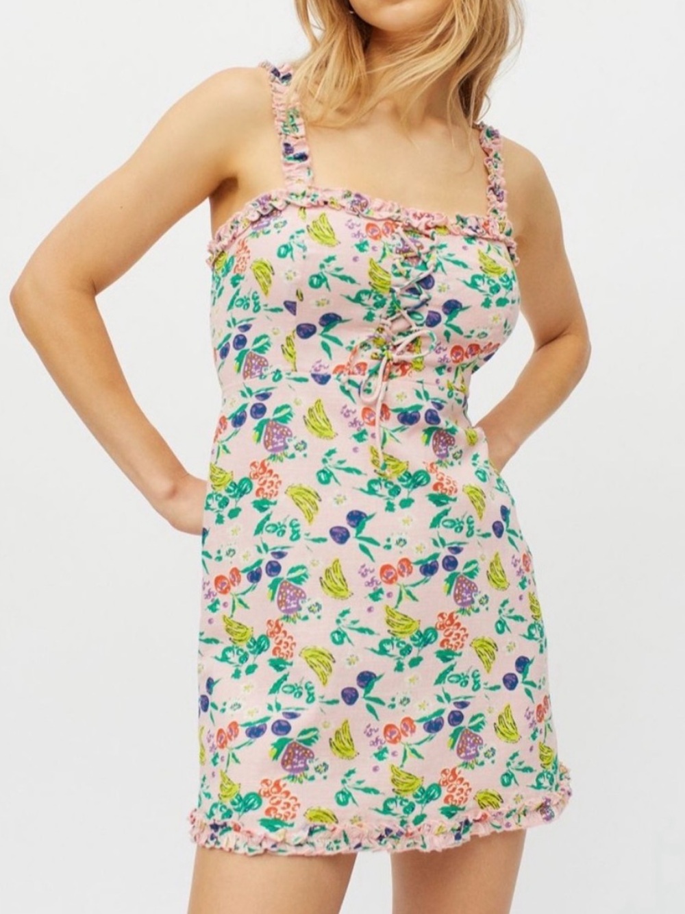 Urban Outfitters Pink Fruit Print Corset Ruffle Babydoll Dress Fairy Y2K Grunge